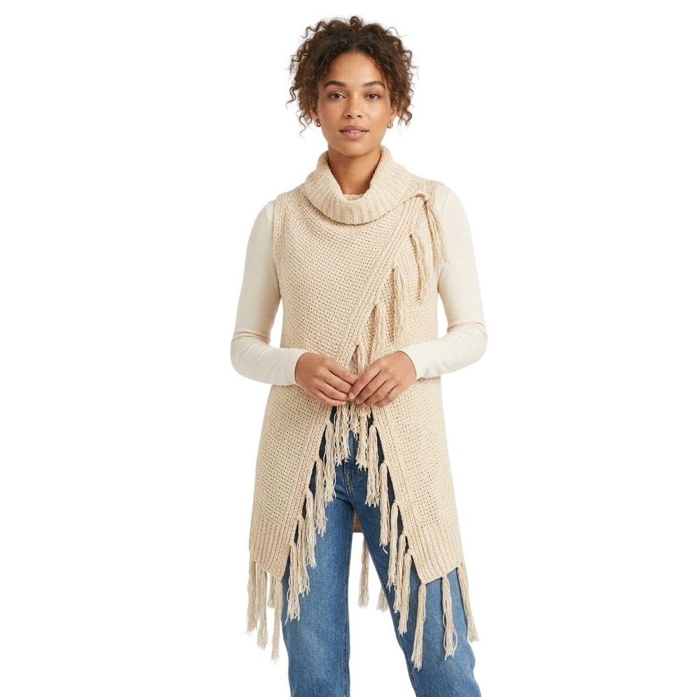 Basico | Cream Knit Fringe Wrap Vest Cowl Neck Sleeveless Cardigan | M